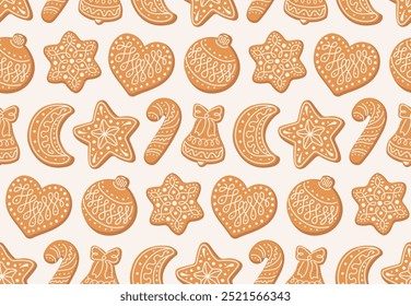 Seamless pattern of sweet gingerbread cookies. Hand drawn vector illustration. Design for Christmas and New year or homemade bakery wallpaper, textile, backdrop, wrapping paper.