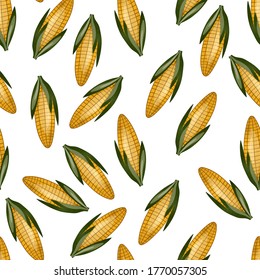 Seamless pattern with sweet golden corn on white background. Natural fresh bright tasty bunch of corn. Template vector illustration for packaging, card and other designs. Food concept.