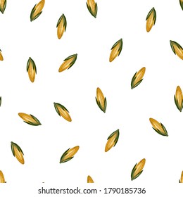Seamless pattern with sweet golden corn on white background. Natural fresh bright tasty bunch of corn. Template vector illustration for packaging, card and other designs. Food concept.
