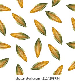 Seamless pattern with sweet golden corn on white background. Natural fresh bright tasty bunch of corn. Template vector illustration for packaging, card and other designs. Food concept.