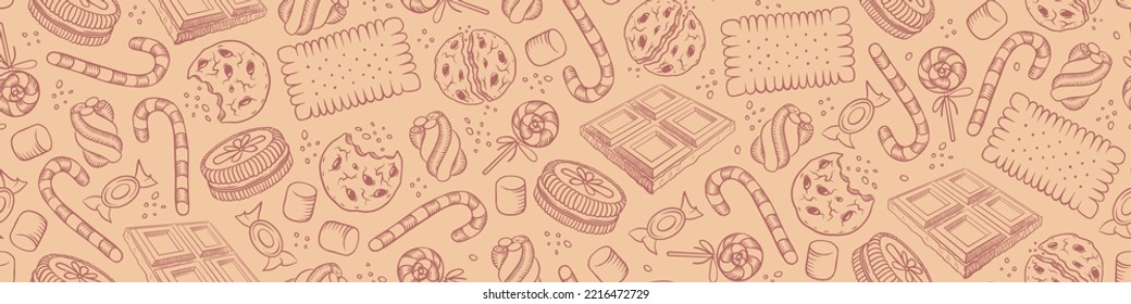 Seamless pattern with sweet hand drawn elements. Pastry and bakery background. Vector illustration.