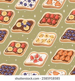 Seamless Pattern with Sweet Healthy Toasts with Fresh Berries. Nutritious and Delicious snacks. Vector.