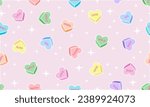 Seamless pattern with sweet heart candy. Sweetheart candies background, conversation sweets for valentines day, valentine sugar food hearts. Heart shape message letter candy background