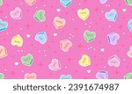 Seamless pattern with sweet heart candy. Sweetheart candies background, conversation sweets for valentines day, valentine sugar food hearts. Heart shape message letter candy background
