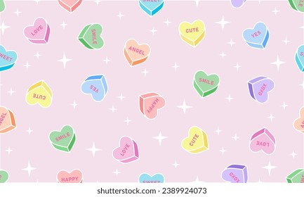 Seamless pattern with sweet heart candy. Sweetheart candies background, conversation sweets for valentines day, valentine sugar food hearts. Heart shape message letter candy background