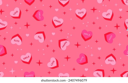 Seamless pattern with sweet heart candy. Sweetheart candies background, conversation sweets for valentines day, valentine sugar food hearts. Heart shape message letter candy background