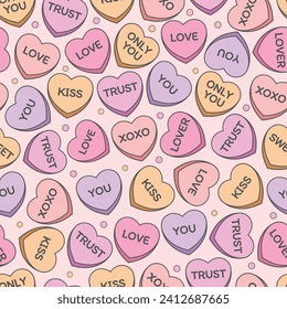 Seamless pattern with sweet heart candy. Set of conversation sweets for valentine’s day.