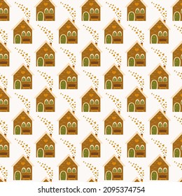 Seamless pattern sweet home with a bench and hearts from the pipe. Home for lovers. Valentines Day. Colorful vector illustration hand drawn print. Wrapping or fabric