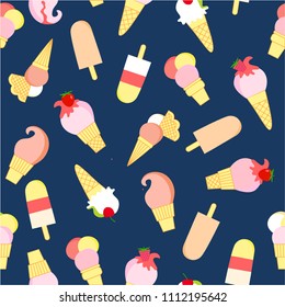 Seamless pattern with sweet ice cream on a blue background