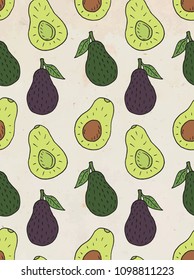 Seamless pattern of sweet juicy avocado. Summer exotic food. Beautiful hand drawn illustration of fruits and vegetables.