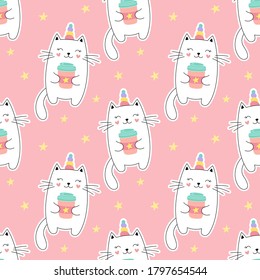 Seamless pattern sweet kitty unicorn  little kitten  cup coffee  Girlish print for textiles  packaging  fabrics  wallpapers 