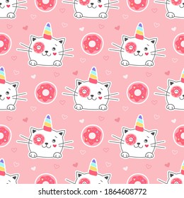 Seamless pattern sweet kitty unicorn with donut. Girlish print for textiles, packaging, fabrics, wallpapers.