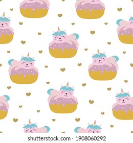 seamless pattern sweet kitty unicorn on donut and hearts on white background, girlish print for textiles, packaging, fabrics, wallpapers