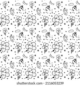Seamless pattern with sweet little bee, flowers, castle, house  in kids drawing style for children design