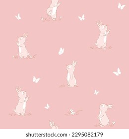 Seamless pattern with the sweet little bunny playing with butterflyes vector for print design and other uses.. Can be used for t-shirt print, kids wear fashion design, baby shower invitation card