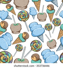 Seamless Pattern Of Sweet Lollipop Cotton Candy Ice Cream And Candy Apple Also With Colorful