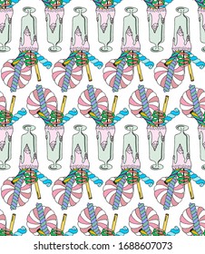 Seamless pattern of sweet milkshake. Hand drawn vector illustration in doodle style. Elements for greeting cards, posters, stickers and seasonal design.