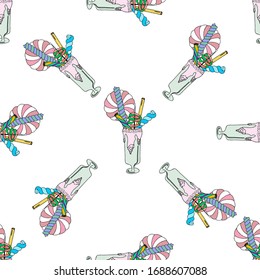 Seamless pattern of sweet milkshake. Hand drawn vector illustration in doodle style. Elements for greeting cards, posters, stickers and seasonal design.
