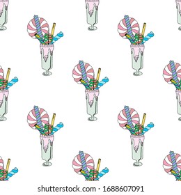 Seamless pattern of sweet milkshake. Hand drawn vector illustration in doodle style. Elements for greeting cards, posters, stickers and seasonal design.