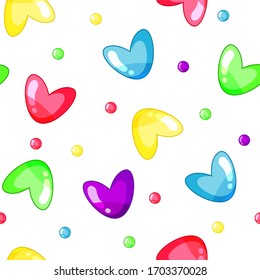 Seamless pattern with sweet multicolor hearts and dots isolated on the transparent background. Endless texture with happy love symbols. Vector illustration for cards, print, holidays