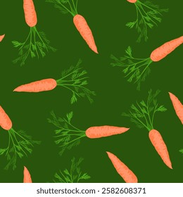 Seamless pattern with sweet orange carrots in hand drawn cartoon style. Vector food illustration.