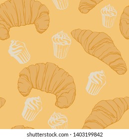 Seamless pattern with sweet pastries. Croissants and cupcakes.