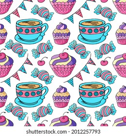 Seamless pattern with sweet pastries. Vector illustration. Cute muffins, cupcakes, sweets. Birthday, flags. Decorative print