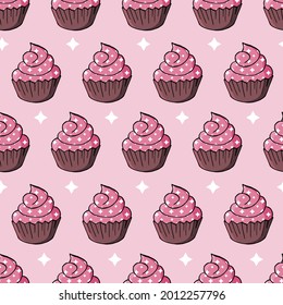 Seamless pattern with sweet pastries. Vector illustration. Cute muffins, cupcakes. Background with stars. It can be used for packaging, wrapping paper and etc