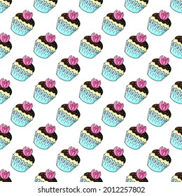 Seamless pattern with sweet pastries. Vector illustration. Cute muffins, cupcakes with a flower. Texture for fabric, wrapping, wallpaper. Sweet treats print