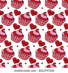 Seamless pattern with sweet pastries. Vector illustration. Cute muffins, cupcakes. Background with hearts. Texture for fabric, wrapping, wallpaper