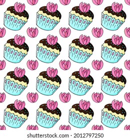 Seamless pattern with sweet pastries. Vector illustration. Cute muffins, cupcakes with a flower. Texture for fabric, wrapping, wallpaper. Sweet treats