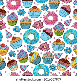 Seamless pattern with sweet pastries. Vector illustration. Cute muffins, cupcakes. Decorative birthday print. Can be used for packaging, wrapping and etc