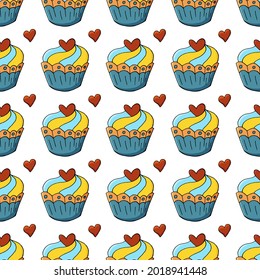 Patrón sin mar con bollería dulce. Ilustración vectorial. Muffins, magdalenas. Antecedentes con corazones