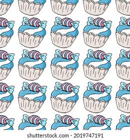 Seamless pattern with sweet pastries. Vector illustration. Cute muffins, cupcakes. White background