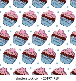 Seamless pattern with sweet pastries. Vector illustration. Cute muffins with hearts, cupcakes. Polka dot background. It can be used for packaging, wrapping and etc