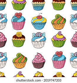 Seamless pattern with sweet pastries. Vector illustration. Cute muffins, cupcakes. Texture for fabric, wrapping