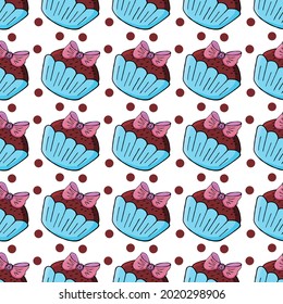 Seamless pattern with sweet pastries. Vector illustration. Cute muffins, cupcakes. Polka dot background. It can be used for packaging