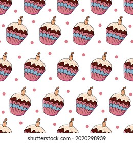 Seamless pattern with sweet pastries. Vector. Cute muffins, cake with a candle. Decorative print polka dots