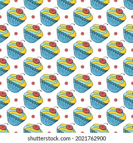 Seamless pattern with sweet pastries. Vector illustration. Lovely spring muffins, cupcakes. Polka dot background. It can be used for packaging