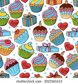 Seamless pattern with sweet pastries. Vector illustration. Cute muffins, cupcakes. Decorative birthday print. Can be used for packaging and etc