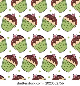 Seamless pattern with sweet pastries. Vector illustration. Cute muffins, cupcakes. Decorative print with polka dots. For textiles