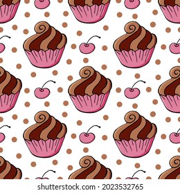 Seamless pattern with sweet pastries. Vector illustration. Cute muffins, cupcakes. Cherry. It can be used for packaging, wrapping and etc