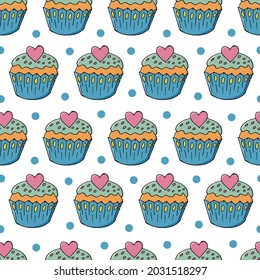 Seamless pattern with sweet pastries. Vector illustration. Cute muffins with hearts, cupcakes. Polka dot background. It can be used for packaging, wrapping paper and etc