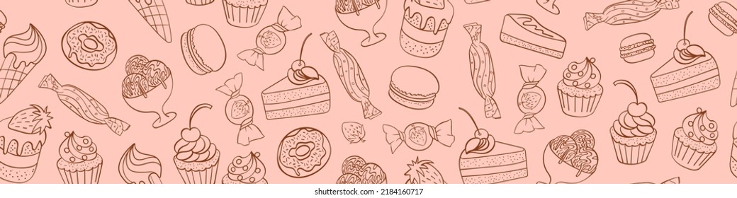 Seamless pattern with sweet pastry food. Hand drawn doodles. Vector illustration.