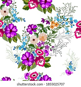 Seamless pattern sweet pea Ipomoea purple on a white background, turquoise, yellow buttercups, geranium, gray twigs, stylized, hand drawn,cover,for fabric,for wrapping paper,for printing,for wallpaper