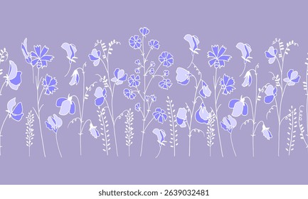 Seamless pattern with sweet peas and cornflowers. Meadow flowers and grasses. Banner for print, fabric, invitations and greeting cards. 