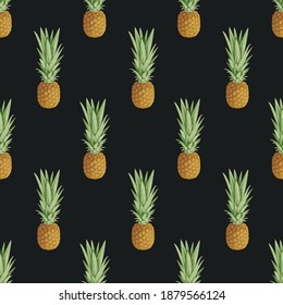 Seamless pattern with sweet pineapple fruits on a black backdrop. Summer vector background with ripe pineapples, suitable for wallpaper, wrapping paper, textile, fabric, fruit design.