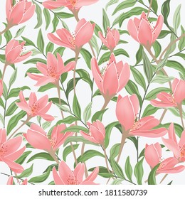 Seamless pattern sweet pink floral and green leaf,illustration vector doodle comic art.