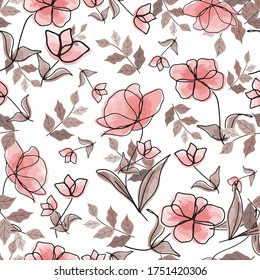 Patrón sin foco dulce Flor rosa y hoja marrón, ilustración vectorial doodle arte cómico. 