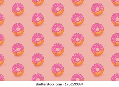 Patrón sin foco con donuts con acristalamiento rosa y rociadores azules sobre fondo naranja claro. Ilustración vectorial de corte para envoltura de papel para caramelos u otro diseño. El concepto de panadería dulce.